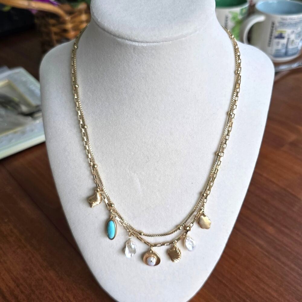 Lucky Brand Necklace Semi Precious Accent Pearl Gold Tone 2 strand Boho Coastal